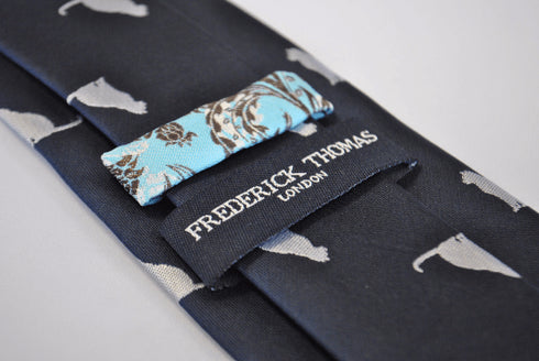 navy blue tie with cat silhouette design