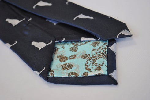 navy blue tie with cat silhouette design