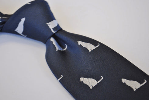 navy blue tie with cat silhouette design