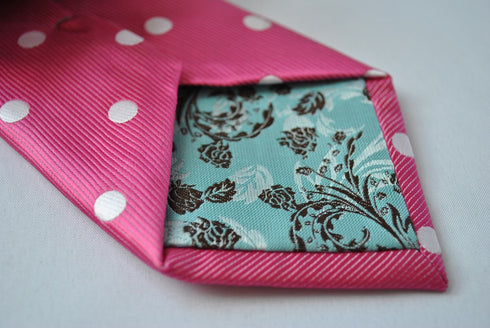 pink tie with white polka dots