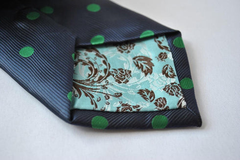navy blue tie with green polka dots