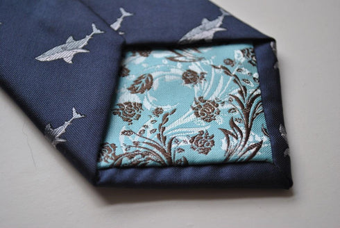 navy tie with shark design