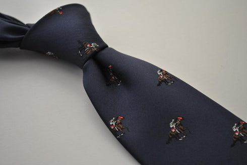 navy tie with horse racing pattern