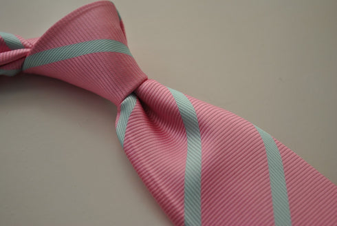 pink and light blue striped tie