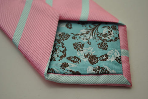 pink and light blue striped tie