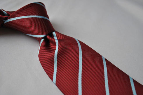 maroon and thin blue striped tie