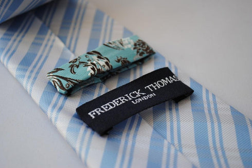 blue and white check design tie
