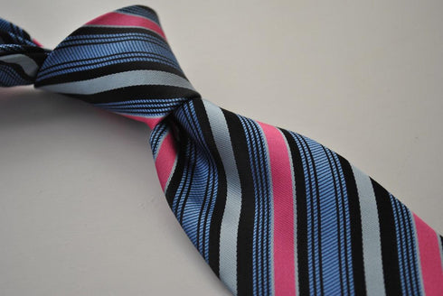 pink, blue and black striped tie