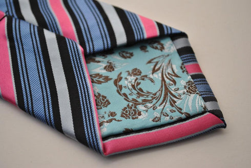 pink, blue and black striped tie