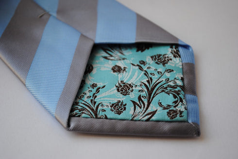 blue and silver grey barber striped design tie