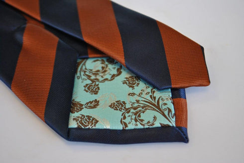 navy blue and brown barber striped tie