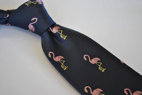 navy tie with flamingo embroidered design