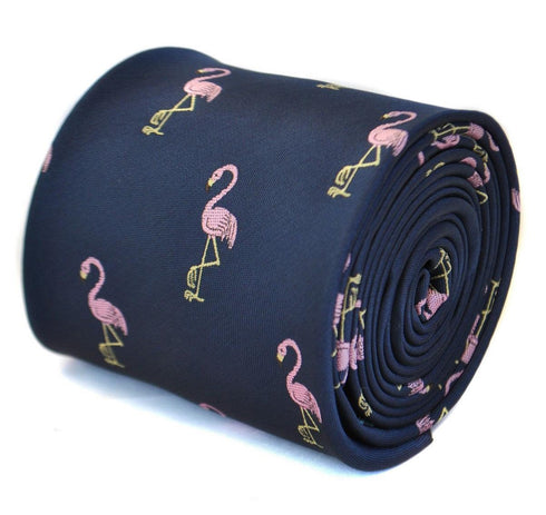 navy tie with flamingo embroidered design