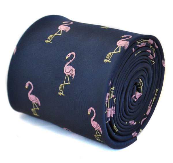 navy tie with flamingo embroidered design