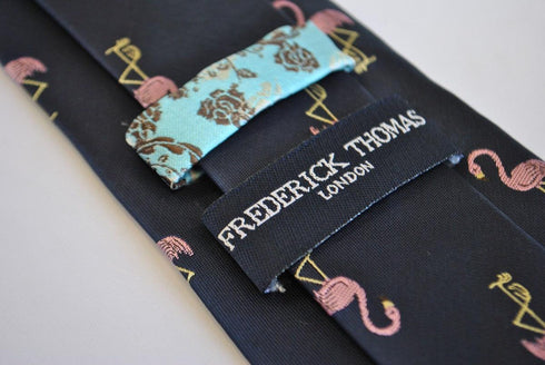 navy tie with flamingo embroidered design