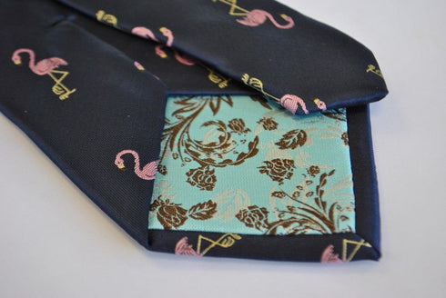 navy tie with flamingo embroidered design