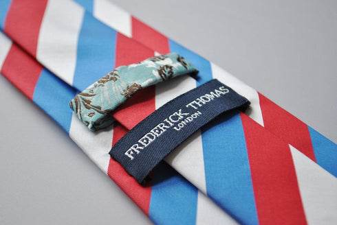 red, blue and white striped tie