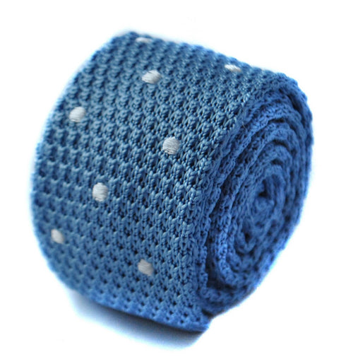 light blue skinny knitted tie with white polka dots