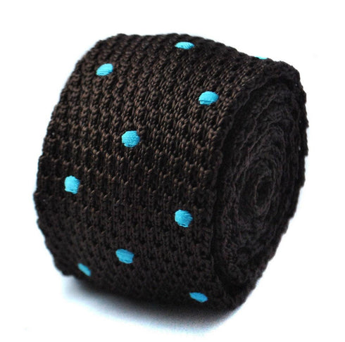 chocolate brown skinny knitted tie with turquoise polka dots