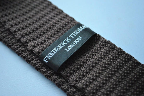 chocolate brown skinny knitted tie with turquoise polka dots