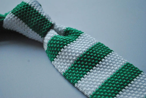 green and white striped skinny knitted tie