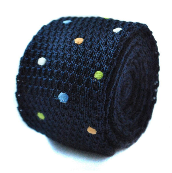 navy blue skinny knitted tie with multicoloured polka dots