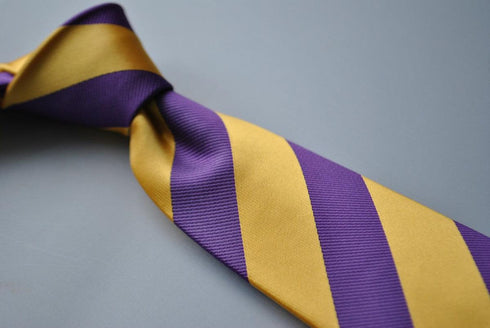 purple and yellow barber striped tie