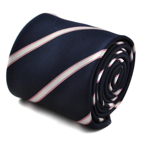 navy blue tie with white and pink stripes
