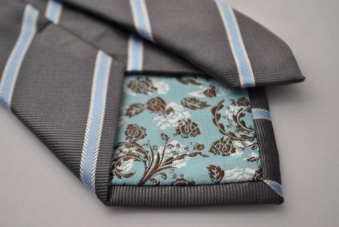 grey tie with light blue stripe