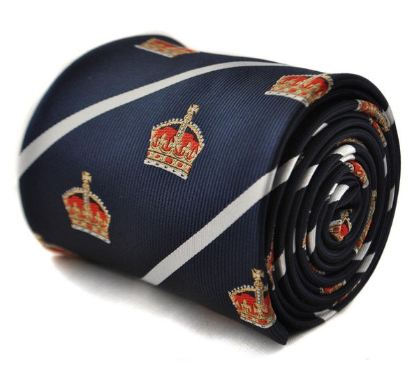 navy blue tie with crown design and white stripes