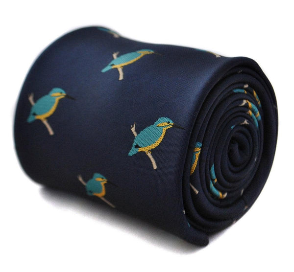 navy tie with kingfisher design