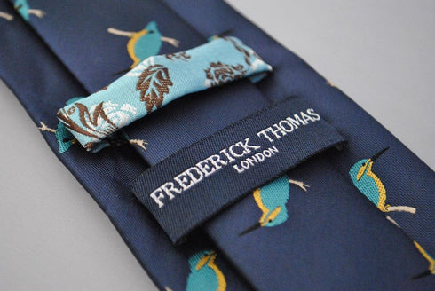 navy tie with kingfisher design