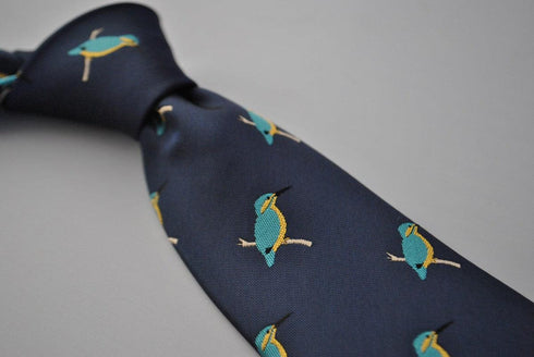 navy tie with kingfisher design