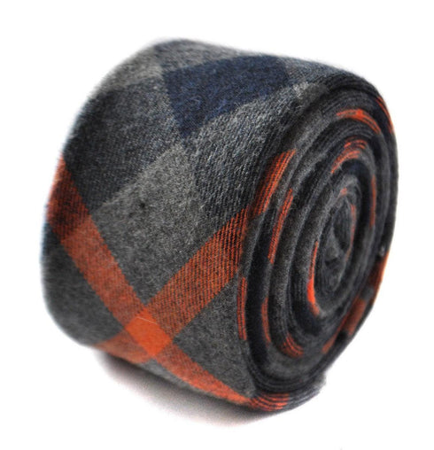 orange and grey wool check style skinny tie