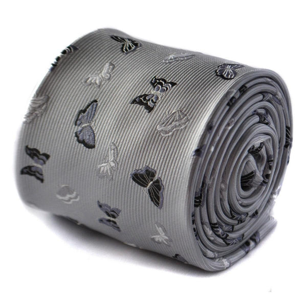 silver grey tie with butterfly embroidered design