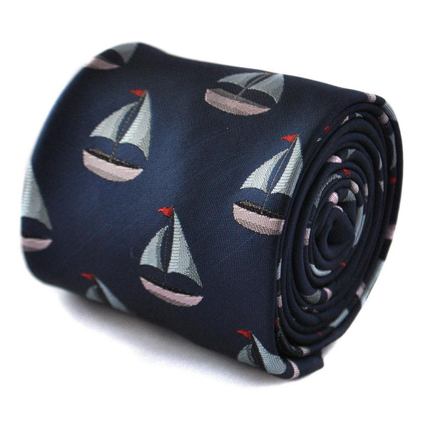 navy tie with sailing boat embroidered design