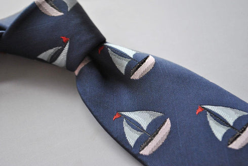 navy tie with sailing boat embroidered design