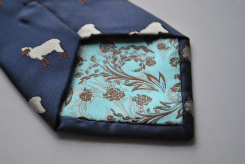 navy tie with sheep embroidered design
