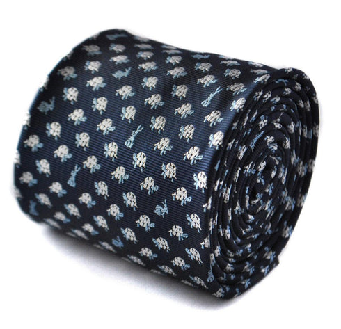 navy tie with hare and tortoise embroidered design