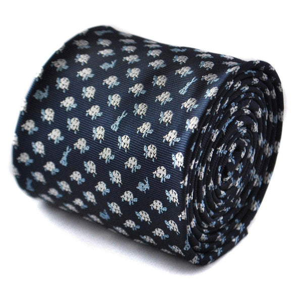 navy tie with hare and tortoise embroidered design
