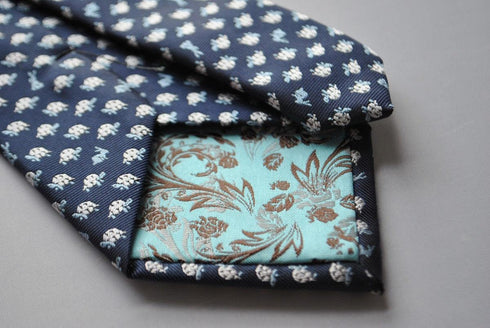 navy tie with hare and tortoise embroidered design