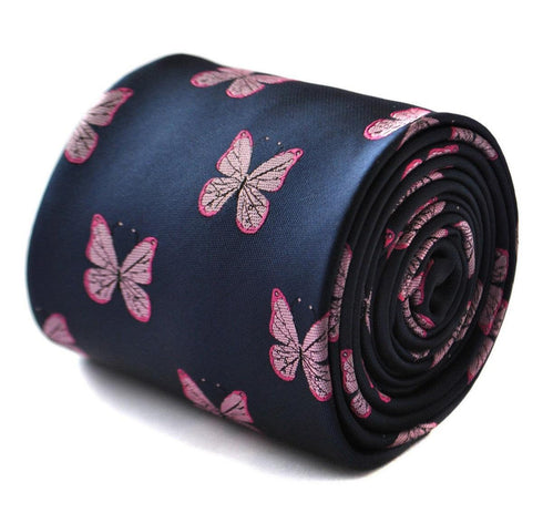 navy tie with pink butterfly embroidered design