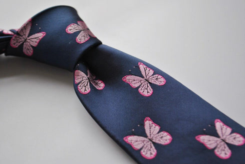 navy tie with pink butterfly embroidered design