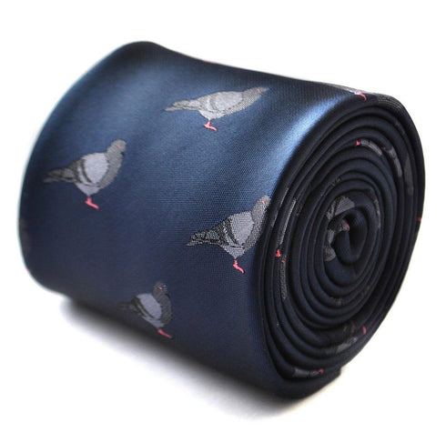 navy tie with grey pigeon embroidered design