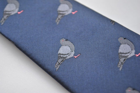 navy tie with grey pigeon embroidered design