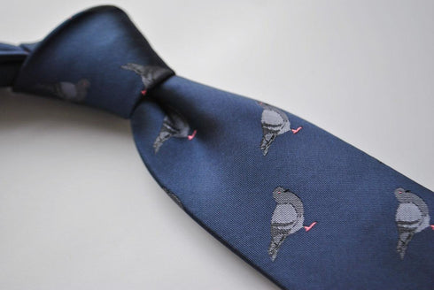 navy tie with grey pigeon embroidered design