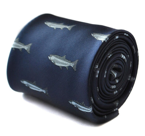 navy tie with grey trout embroidered design