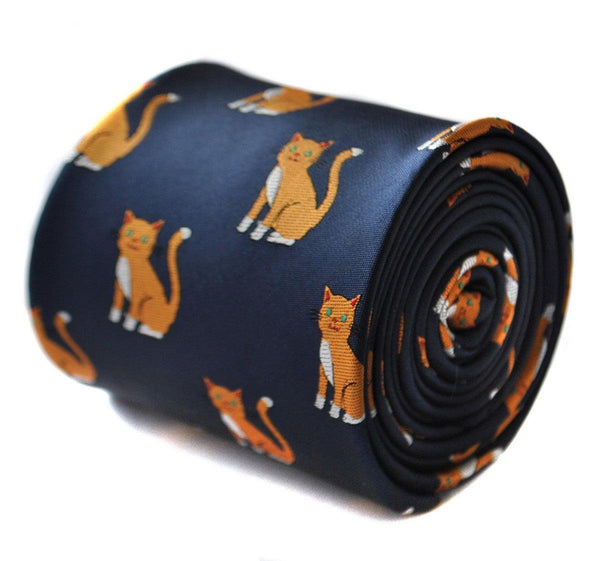 navy tie with ginger cat embroidered design