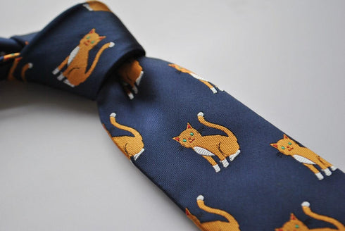 navy tie with ginger cat embroidered design
