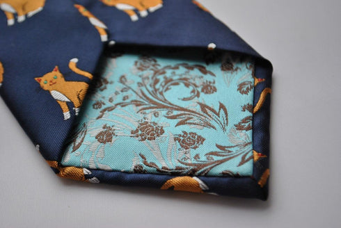 navy tie with ginger cat embroidered design